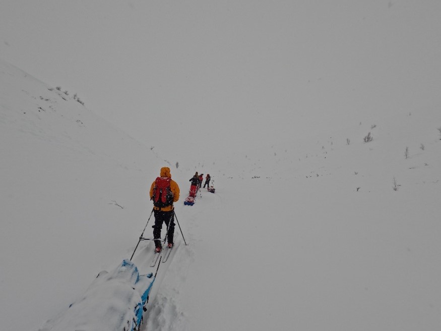 Sarek: letka lumisateessa hiihtämässä